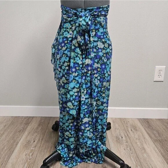 Ganni Floral Wrap Midi Skirt Asymmetrical Ruffle  Blue Green Women's 32 Medium - Picture 8 of 13